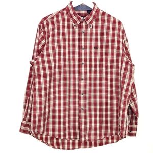 IZOD Shirt 100% Cotton Red Plaid Long Sleeve Casual Button Up Men's Size L
